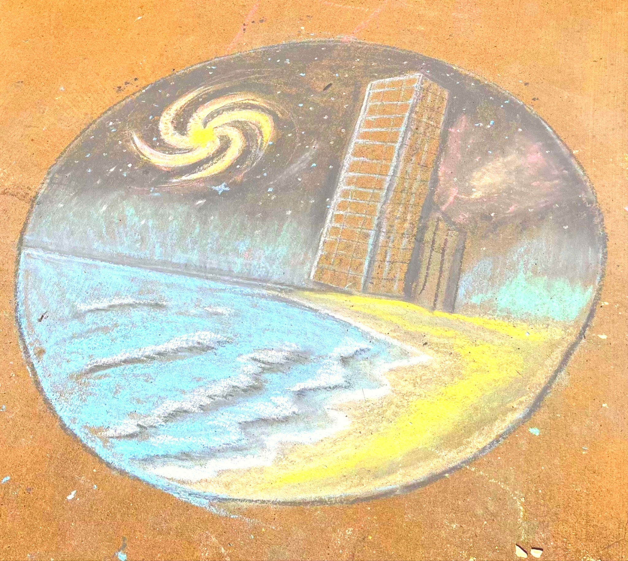 Colorful chalk flower drawing on sidewalk at community art event